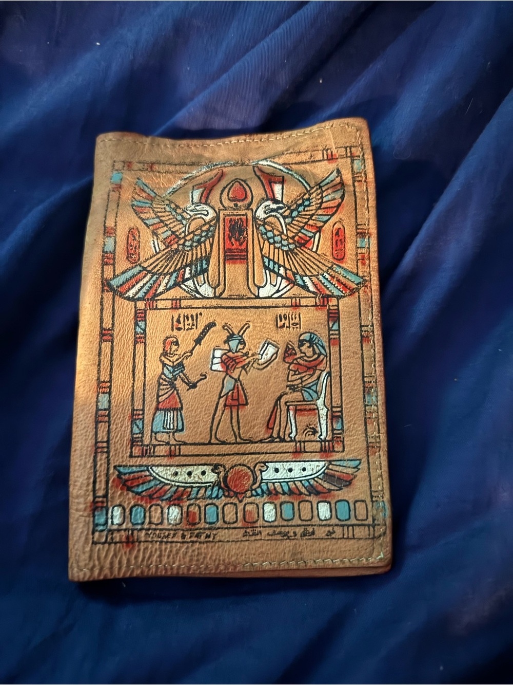 Antique Leather wallet with Hand-Painted Egyptian Motif - Tan & Turquoise